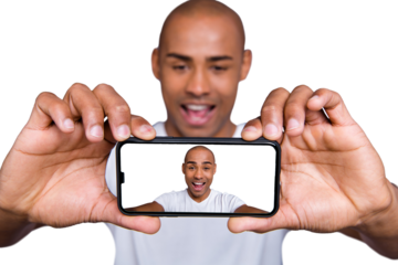 Close up photo attractive dark skin he him his macho short hairdo make take selfies great pictures size quality yeah yes facial expression wearing white t-shirt outfit clothes isolated grey background