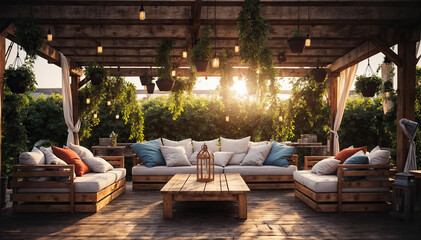 Fototapeta premium Outdoor terrace with wooden furniture and cushions at sunset.