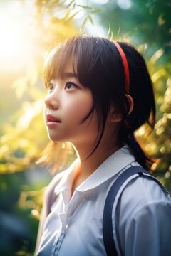 Dreamy image of an Asian schoolgirl looking up, highlighted by a soft backlit glow. Created with generative A.I. technology