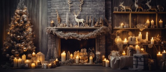 A fireplace with multiple lit candles placed in front of it, creating a warm and inviting atmosphere in a cozy living room setting. The flickering flames illuminate the space, casting a soft glow on