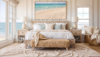 3d rendering of a bedroom interior design with a beach view.