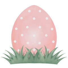 Watercolor cute white polka dot pattern pink easter egg on grass