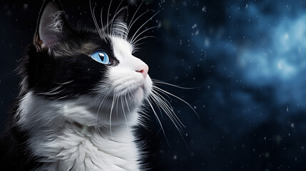 Beau chat noir et blanc sur fond bleu. Chaton, animal, animaux de compagnie. Félin, mignon. Pour conception et création graphique.