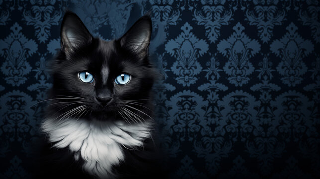 Beau chat noir et blanc sur fond bleu. Chaton, animal, animaux de compagnie. F&eacute;lin, mignon. Pour conception et cr&eacute;ation graphique.