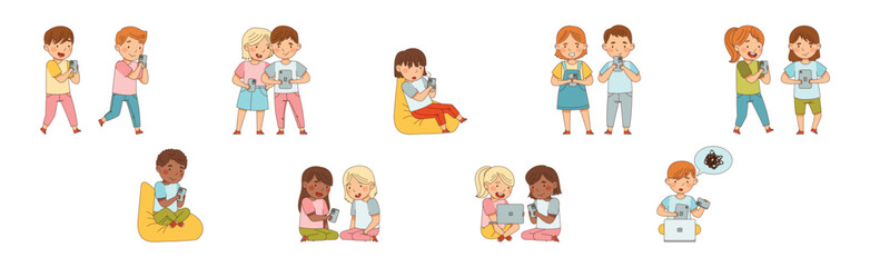 Kids with Mobile Gadget Use Electronic Devices Vector Set