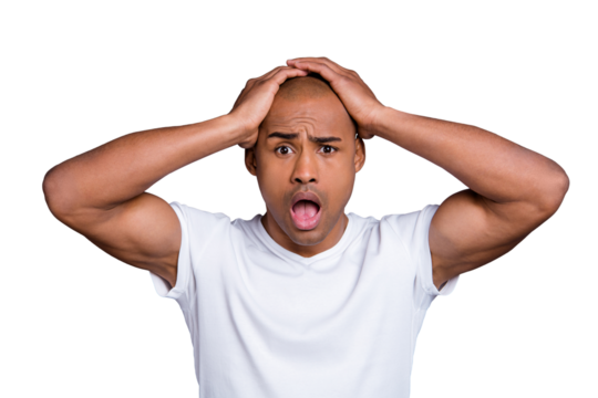 Portrait of nice handsome attractive muscular virile guy wearing white shirt opened mouth touching head isolated over gray pastel background