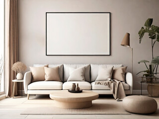 Blank Poster Frame mockup on white wall living room, modern interior with plant, tea Table, White sofa