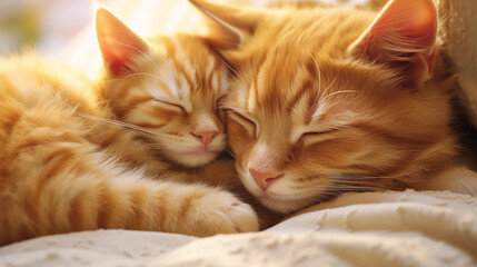 Chaton et sa maman endormis. Chat roux, animal, animaux de compagnie. Félin, mignon. Pour conception et création graphique.