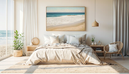 Interior of modern bedroom with sea view. 3D rendering.