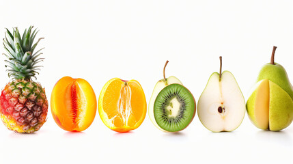 Isolated fruits halves. Cut peach, pear, orange, app