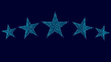 Best quality excellent customer service concept. Futuristic glowing low polygonal five stars rating isolated on dark blue background. Modern wire frame design 8killustration.