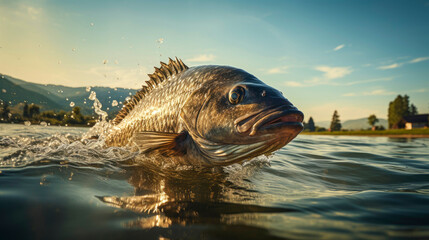 Close up of fish black bass (Micropterus salmoides) jumping from the water with bursts in high mountain clean lake or river, at sunset or dawn, picturesque mountain summer landscape. Copy space.