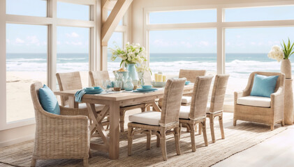 Dining room with sea view. 3d render. Vintage style.