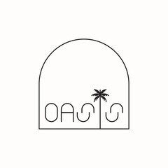 Logo with stylised type of an oasis in the desert.
