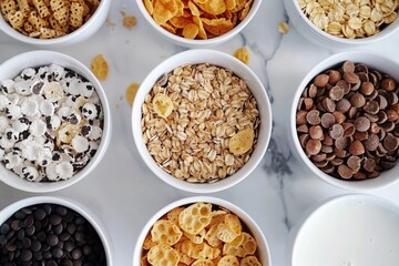 top view of different cereals in bowls