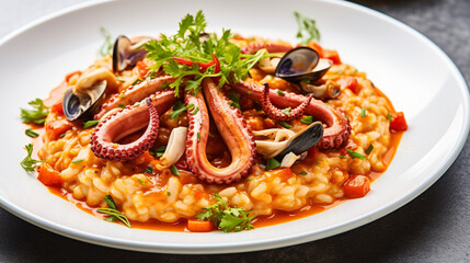 Italian food concept. Risotto with seafood mussel.