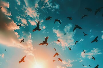 birds flying in blue sky