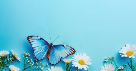 blue butterfly sitting on flowers daisies on blue background, banner with copy space