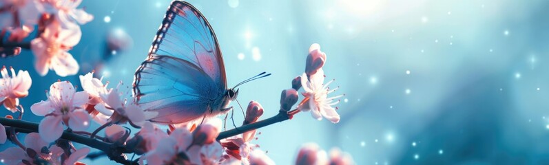 blue butterfly sitting on spring flowers on a blue background, banner with copy space - Powered by Adobe
