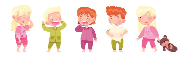 Sleepy Little Boy and Girl Wearing Pajamas Stretching and Yawning Vector Set