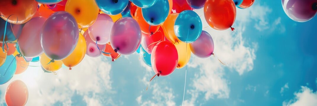 colourful balloons in blue sky banner