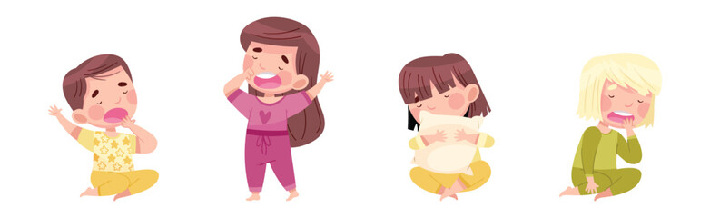 Sleepy Little Boy and Girl Wearing Pajamas Stretching and Yawning Vector Set