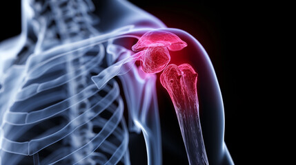 llustration of shoulder pain, highlighted in red on the shoulder area, on black background, x-ray human body.  - obrazy, fototapety, plakaty