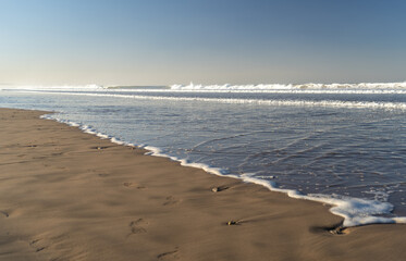 Sea Waves on Sandy Beach Texture Background, Ocean Water, Blue Sky, Summer Mockup