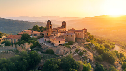 Historic monastery perched on a hill at sunrise background - obrazy, fototapety, plakaty