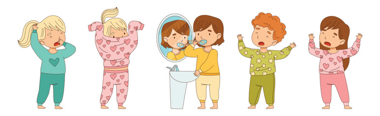 Little Boy and Girl Getting Ready to Bed Wear Pajama Vector Set