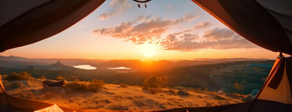 View of the serene landscape from inside a tent. Camping at campsite with sleeping bags. Stunning sunrise 4K Video