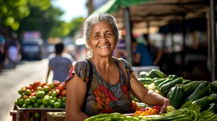 Foto op Plexiglas woman fruit vegetables flour at a street market with fruit © Volodymyr