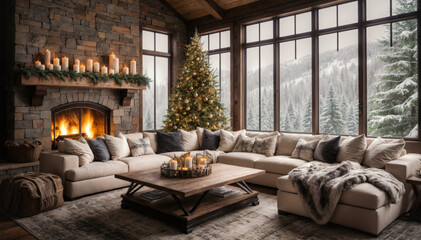 Beautiful living room with fireplace and Christmas tree. 3d rendering