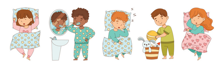 Little Boy and Girl Getting Ready to Bed Wear Pajama Vector Set