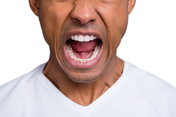 Close-up cropped portrait of handsome attractive crazy guy wearing white shirt shouting loudly blame isolated over gray violet purple pastel background