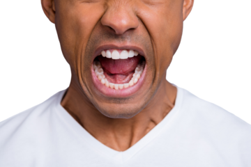 Close-up cropped portrait of handsome attractive crazy guy wearing white shirt shouting loudly blame isolated over gray violet purple pastel background