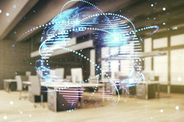 Double exposure of abstract digital world map hologram with connections on modern corporate office background, research and strategy concept