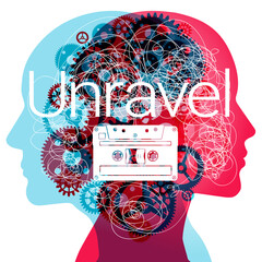 2 human silhouette profiles intertwined with abstract elements and a central cassette tape. The word Unravel, symbolises the intricacy of the human mind and the unravelling of thoughts and memories.