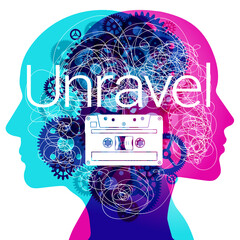 2 human silhouette profiles intertwined with abstract elements and a central cassette tape. The word Unravel, symbolises the intricacy of the human mind and the unravelling of thoughts and memories.