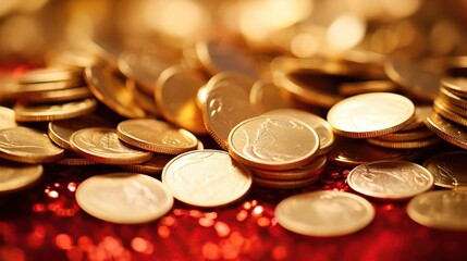 Glowing heap of golden coins with a hint of red, showcasing themes of wealth, financial success, and savings, with a focus on the reflective surfaces and no specified place for text. - obrazy, fototapety, plakaty