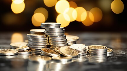 A glowing array of stacked coins in golden and silver hues, perfect for financial topics, wealth management, or investment strategies with room for descriptive text.