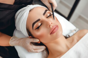 concept of beauty salon and permanent make-up, beautiful Woman at cosmetology cabinet getting permanent makeup