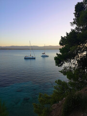 Beautiful coast of Brac, Croatia. Deep blue sea, blue sky