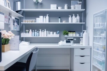 Cosmetic, skincare empty cosmetology cabinet in modern beauty clinic. Interior of medicine salon