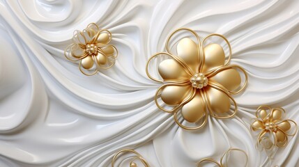 Fototapeta na wymiar Lustrous golden flowers on a fluid white texture, symbolizing opulence, perfect for festive design elements or luxurious backdrops.