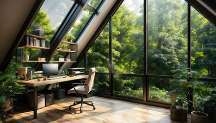 Interior of modern office with large window, panoramic view. 3D Rendering