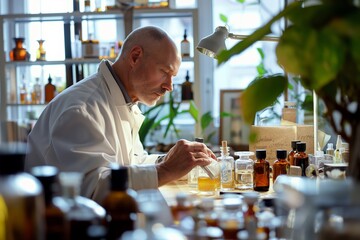 perfumer at his desk looking for a new fragrance, perfumery concept