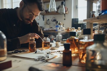 Obraz na płótnie Canvas perfumer at his desk looking for a new fragrance, perfumery concept