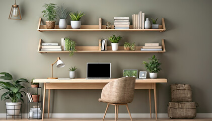 Comfortable workplace with laptop, bookshelf and plants in room
