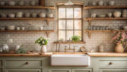 3d rendering of a modern kitchen interior design with sink and shelves
